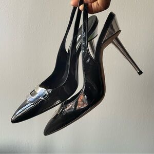 (Sold) Manolo Blahnik Tuleart Black Patent Leather Slingback Silver Heel pumps